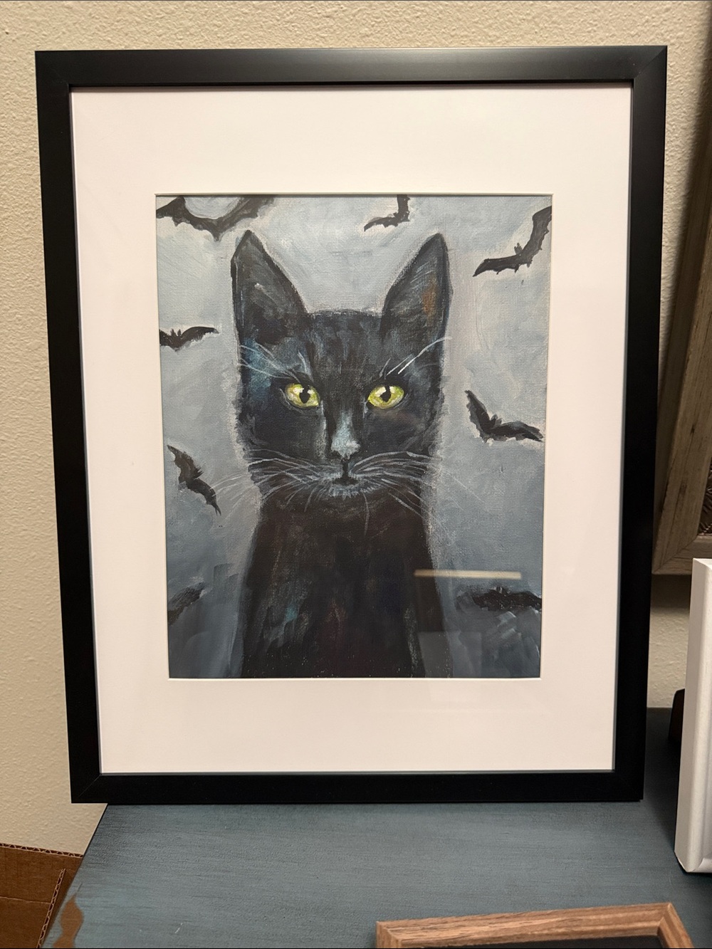 Framed Halloween Black Cat Painting 8”x 10”